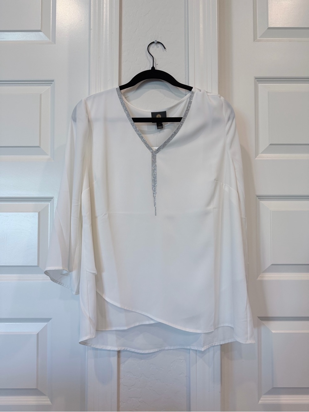 JM Collection White V-Neck Blouse with Silver Embellished Trim